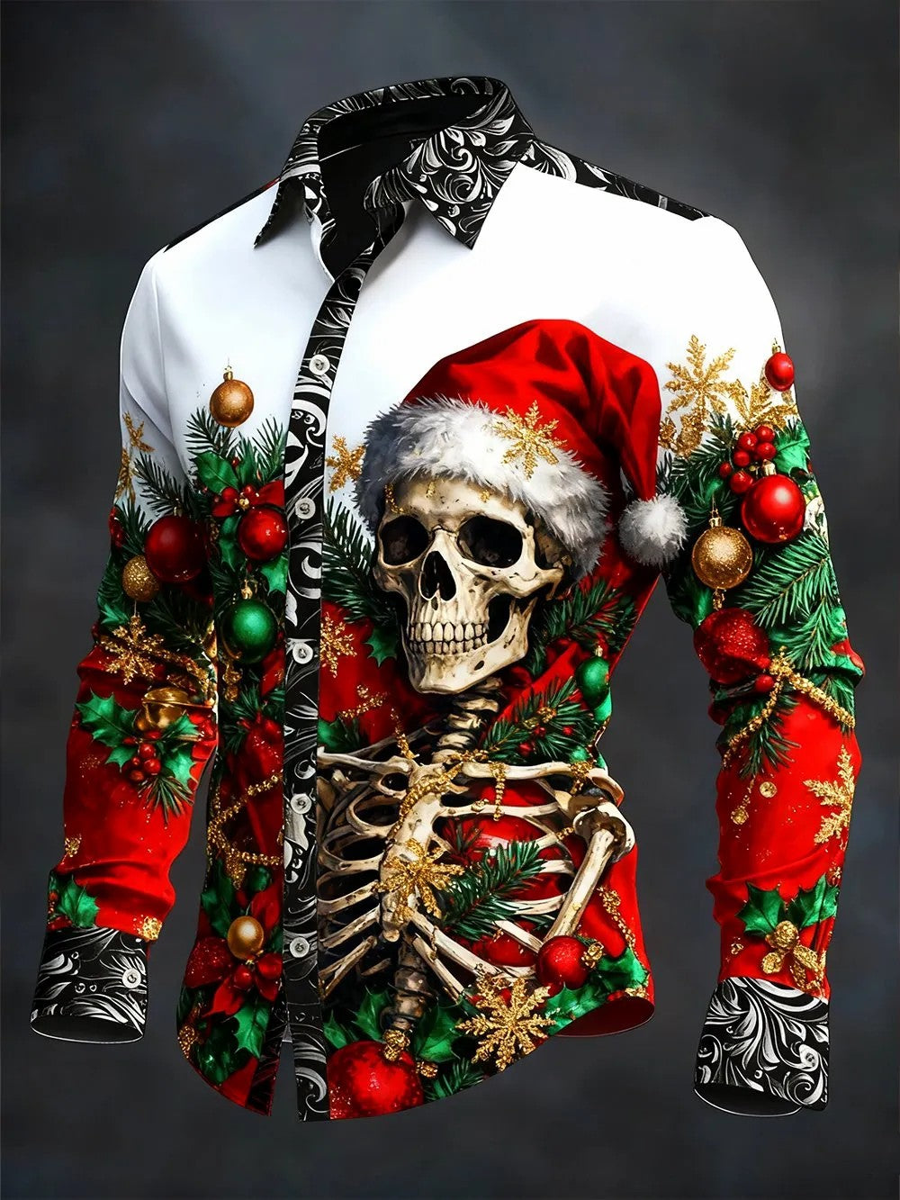 Camisa de manga larga vintage de cráneo de Navidad para hombre