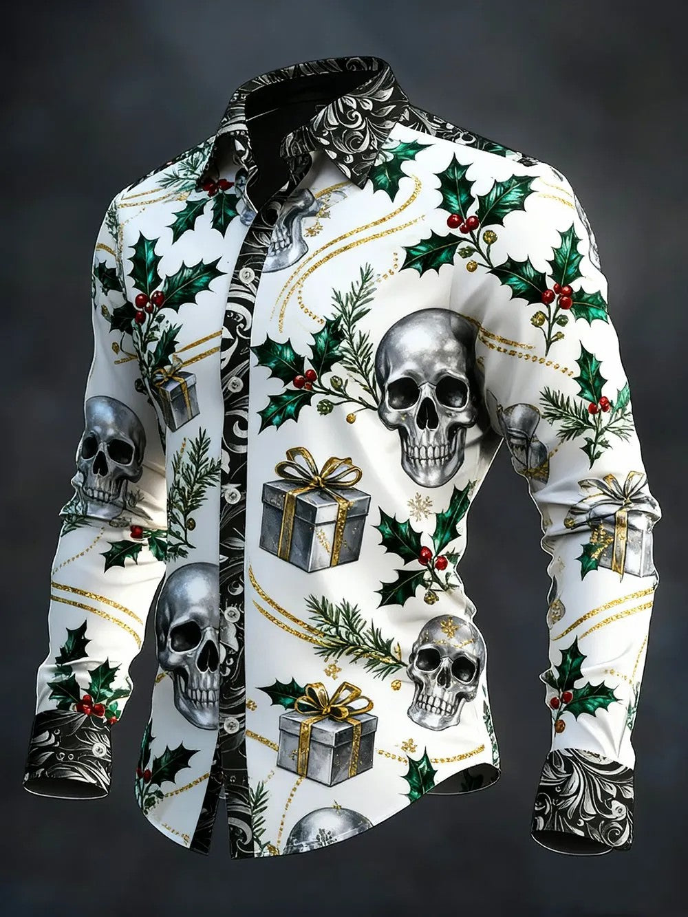 Camisa de manga larga vintage de cráneo de Navidad para hombre