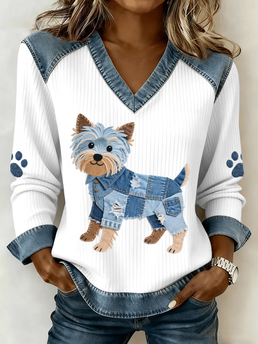 Mujer Lovely Yorkshire Terrier Dog Pattern Denim Patchwork V-Neck Top