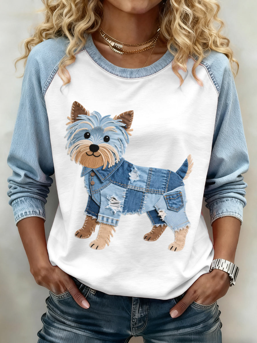 Mujer Denim Patchwork Art Yorkshire Terrier Dog Pattern Sudadera