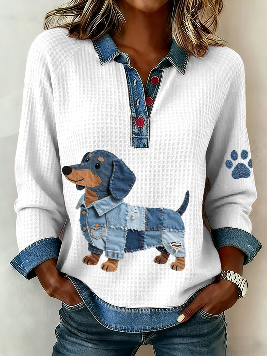 Mujeres Denim Patchwork Art Dachshund Perro Patrón Waffle Top