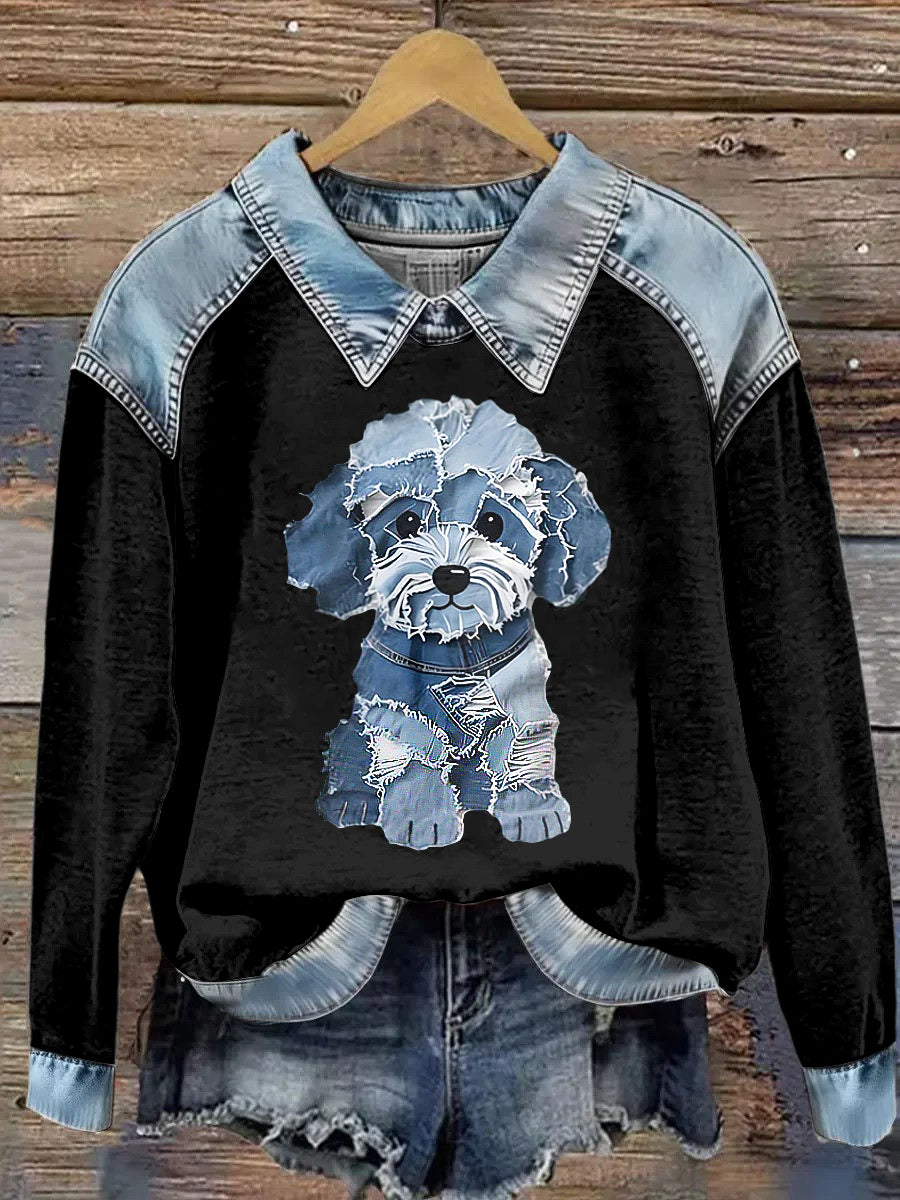 Sudadera de manga larga con estampado animal de solapa para mujer