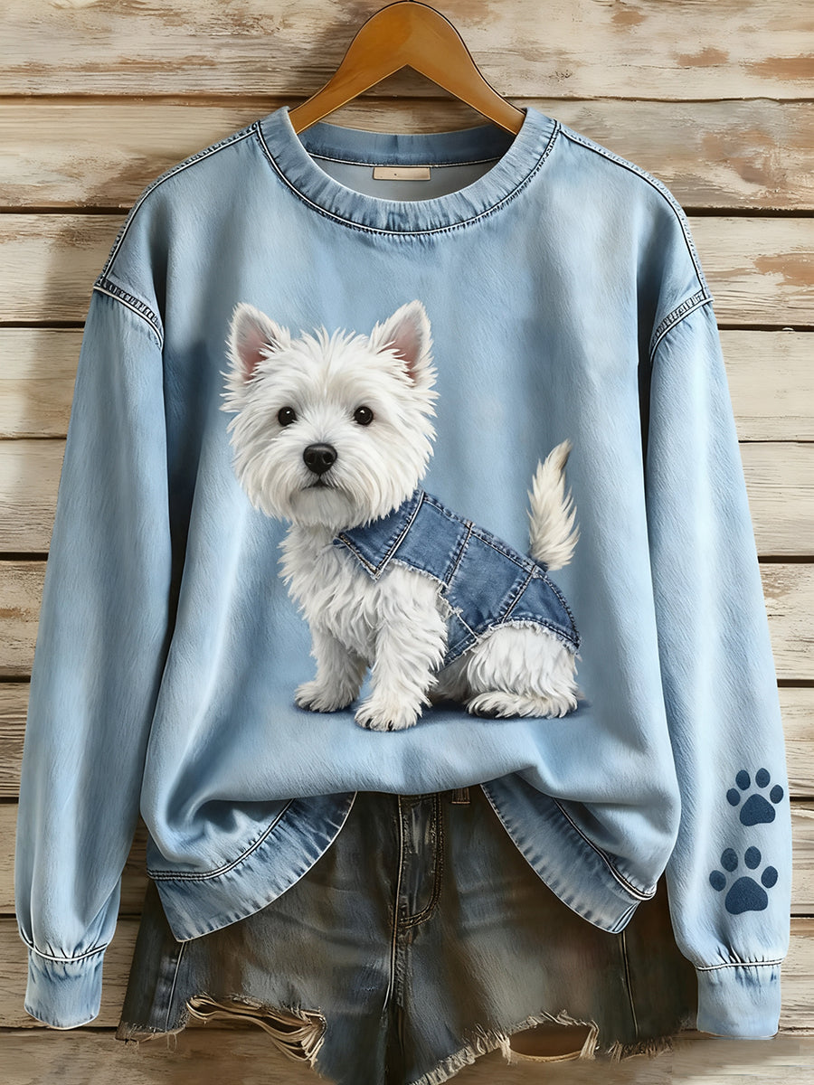 Retro Denim Patchwork Animal Art Print Casual Comfort Sudadera de manga larga para mujer
