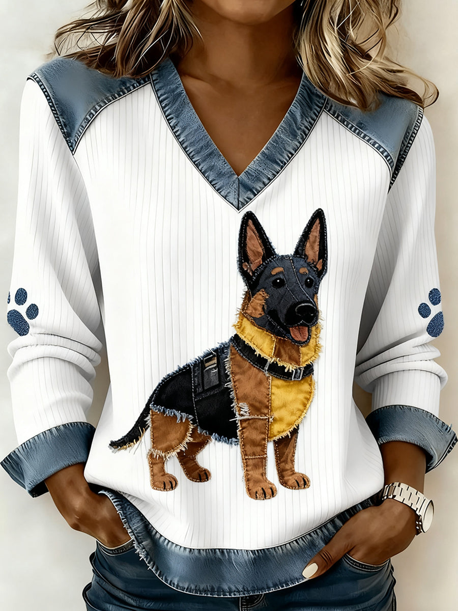 Mujer Retro V-cuello Denim Patchwork Animal Print Casual Confort Top