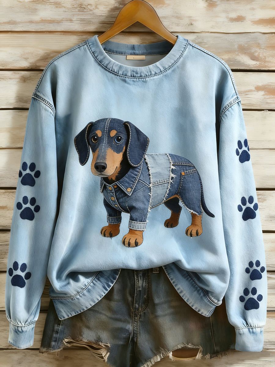 Retro Denim Patchwork Animal Art Print Casual Comfort Sudadera de manga larga para mujer