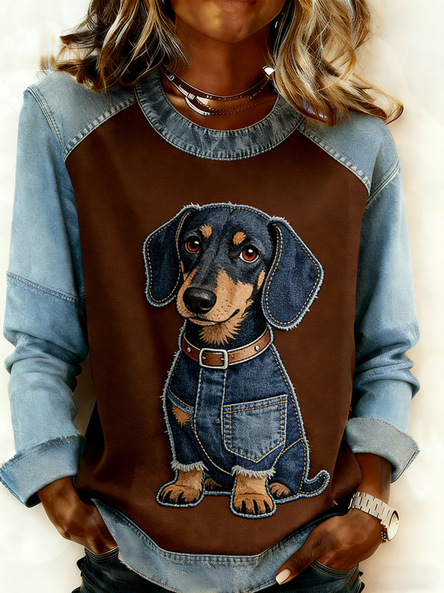 Mujeres Retro Animal Art Print cómodo Denim Patchwork sudadera