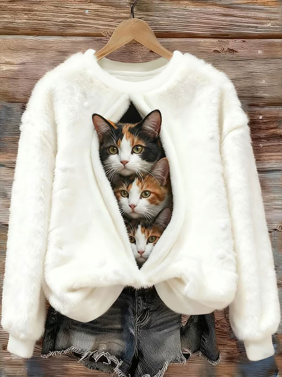 Sudadera de franela impresa gato de las mujeres