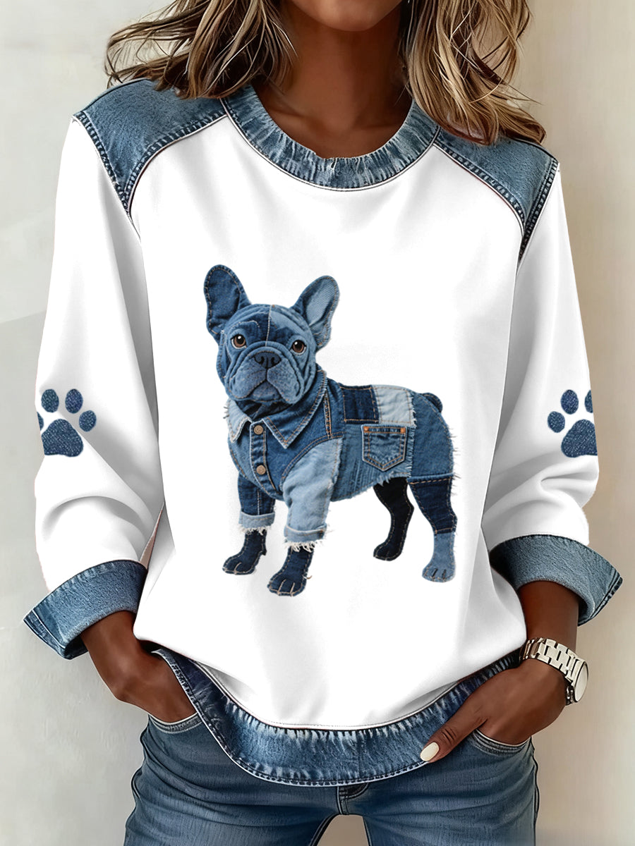 Mujer encantadora Bulldog Francés Patrón Denim Patchwork Sudadera