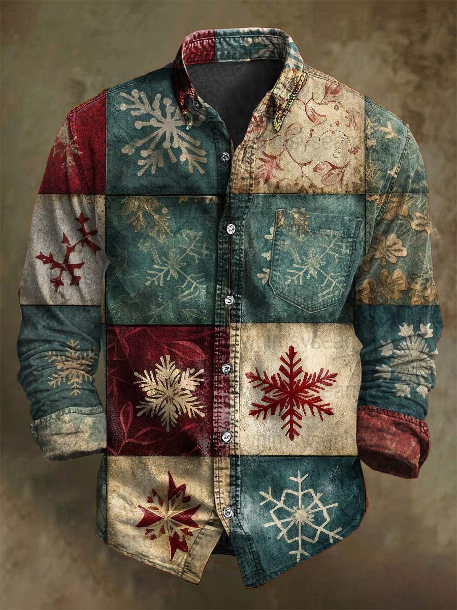 Camisa de manga larga casual con estampado de cuadros de copo de nieve de árbol de Navidad retro