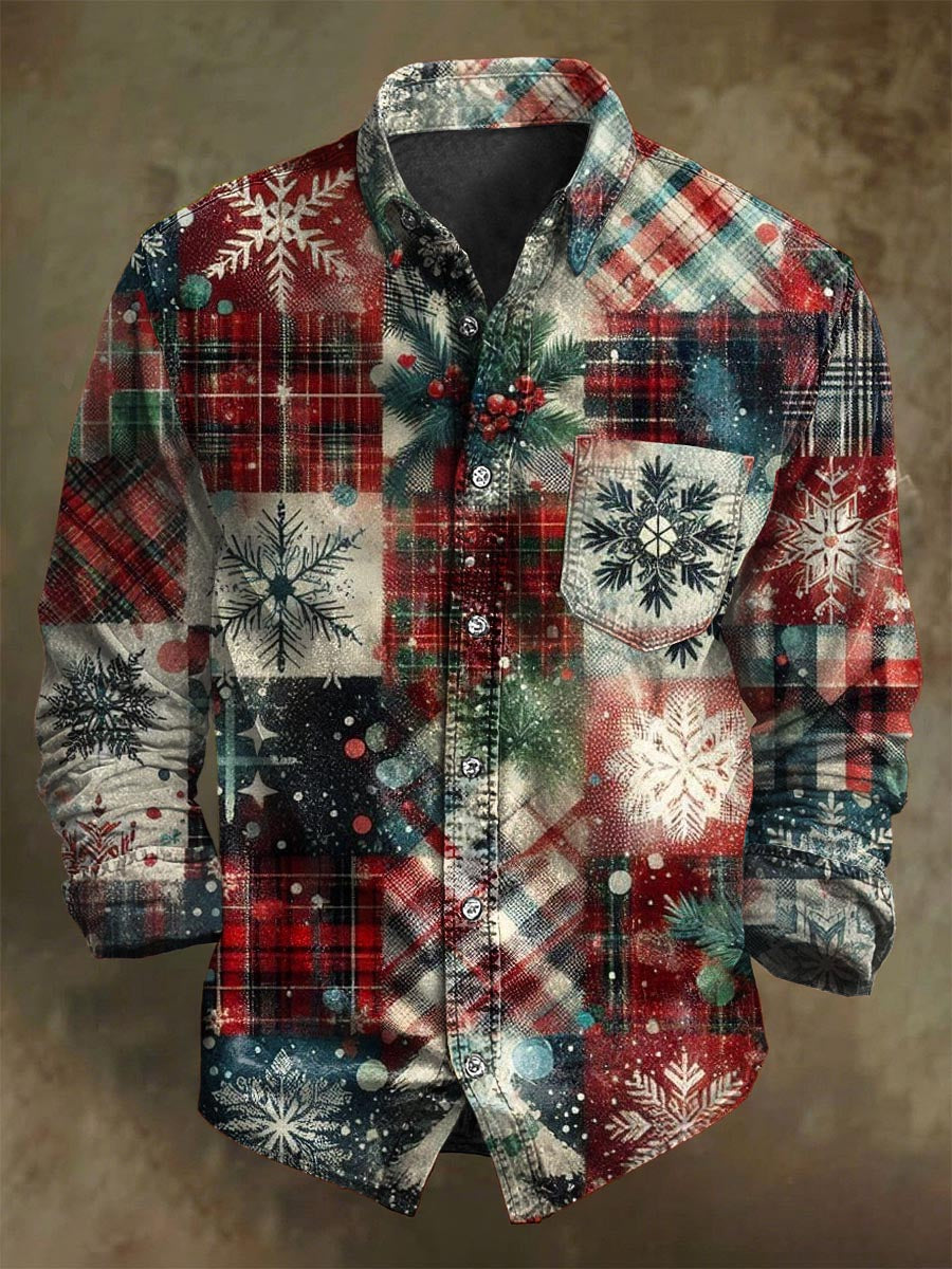 Árbol de navidad copo de nieve a cuadros de impresión casual camisa de manga larga