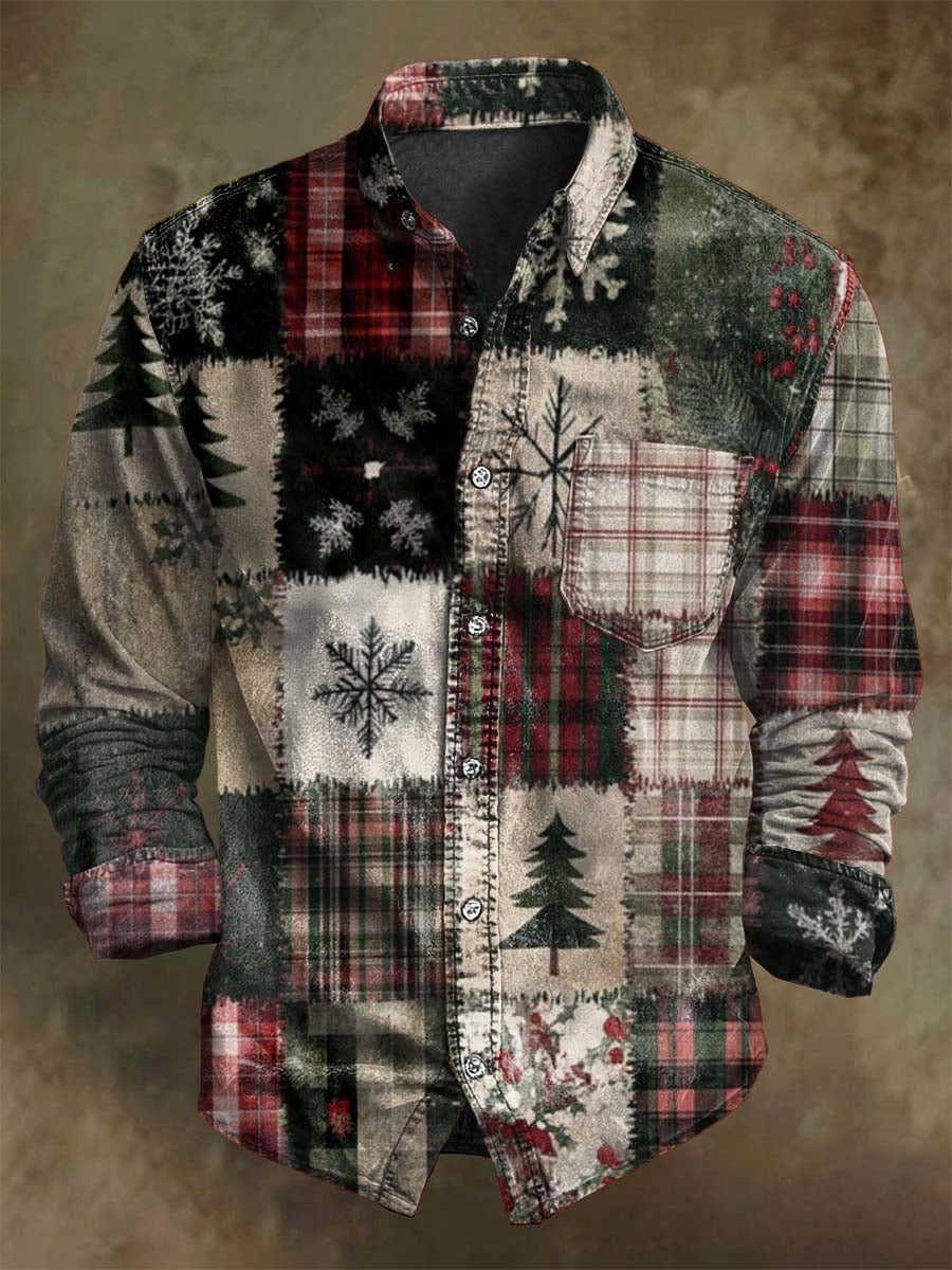 Camisa casual de manga larga con estampado de cuadros de copo de nieve de Navidad