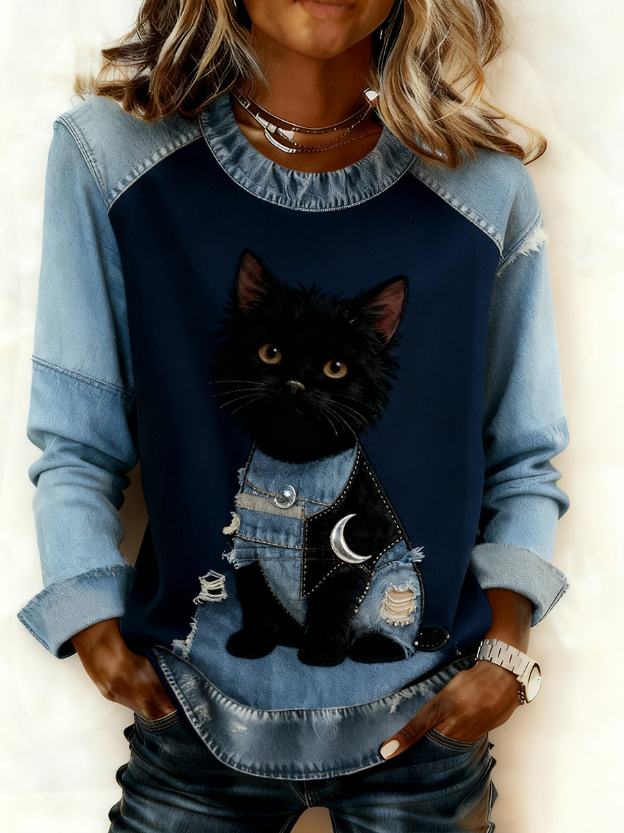 Mujeres Retro Animal Art Print cómodo Denim Patchwork sudadera
