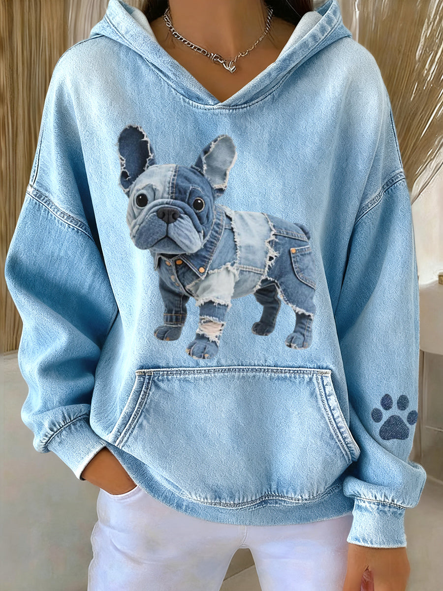 Mujeres encantador francés Bulldog Denim Patchwork patrón sudadera con capucha