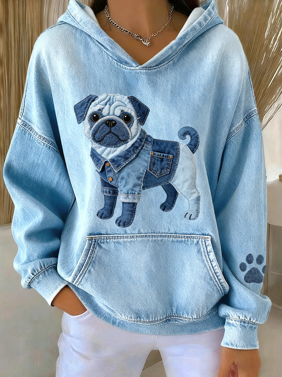 Mujer Lovely Pug Dog Denim Patchwork Patrón Hoodie