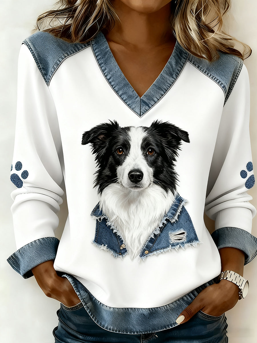 Mujer Retro V-cuello Denim Patchwork Animal Print Casual Confort Top