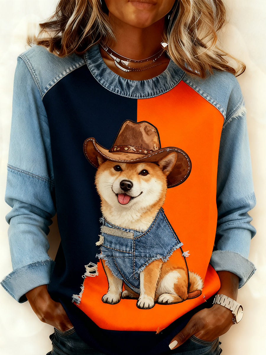 Mujeres Retro Animal Art Print cómodo Denim Patchwork sudadera
