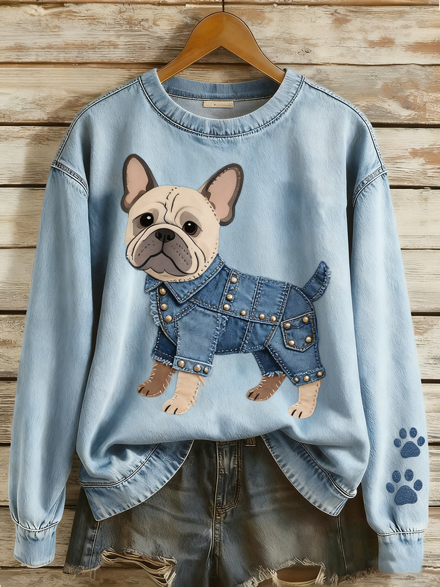 Retro Denim Patchwork Animal Art Print Casual Comfort Sudadera de manga larga para mujer