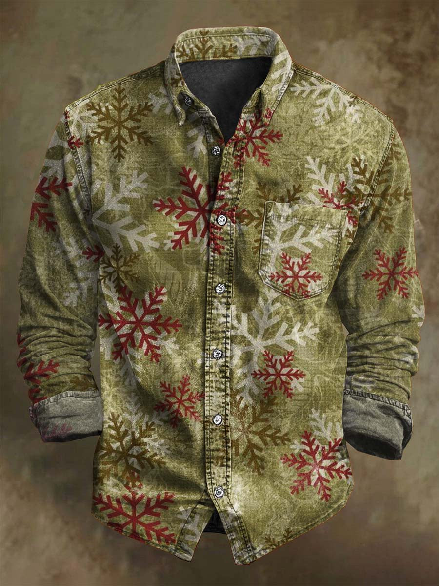 Camisa de manga larga casual con estampado de copo de nieve de Navidad