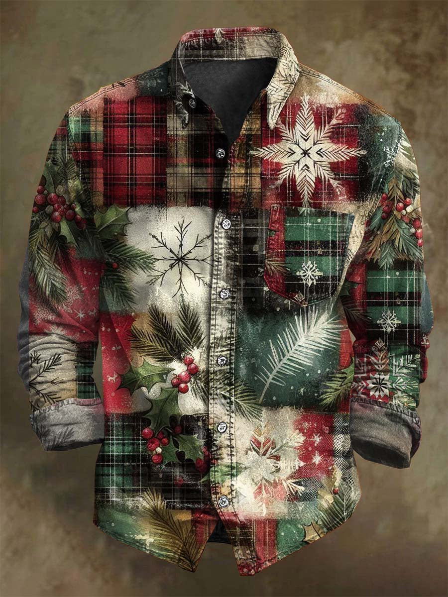 Camisa casual de manga larga con estampado de cuadros de Navidad