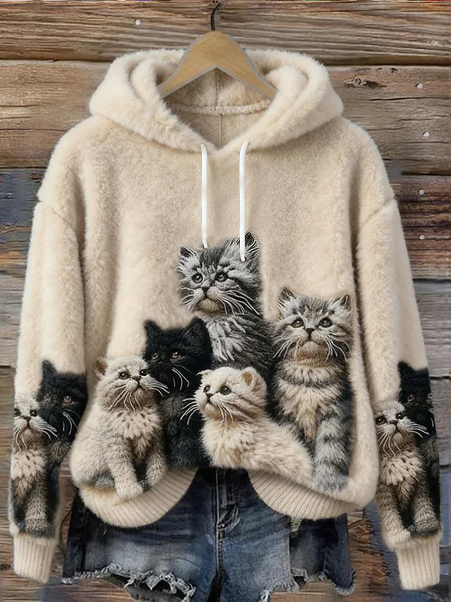 Sudadera de franela casual con estampado de arte lindo gato para mujer