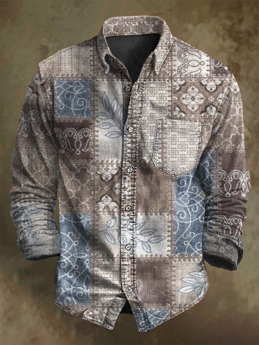 Camisa de manga larga casual con estampado geométrico retro