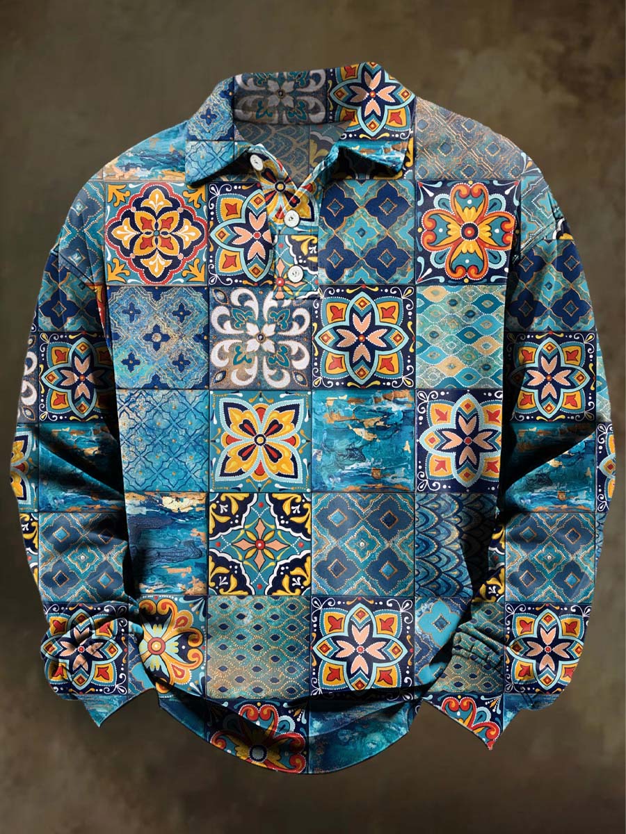 Polo informal de manga larga con estampado floral de mandala retro