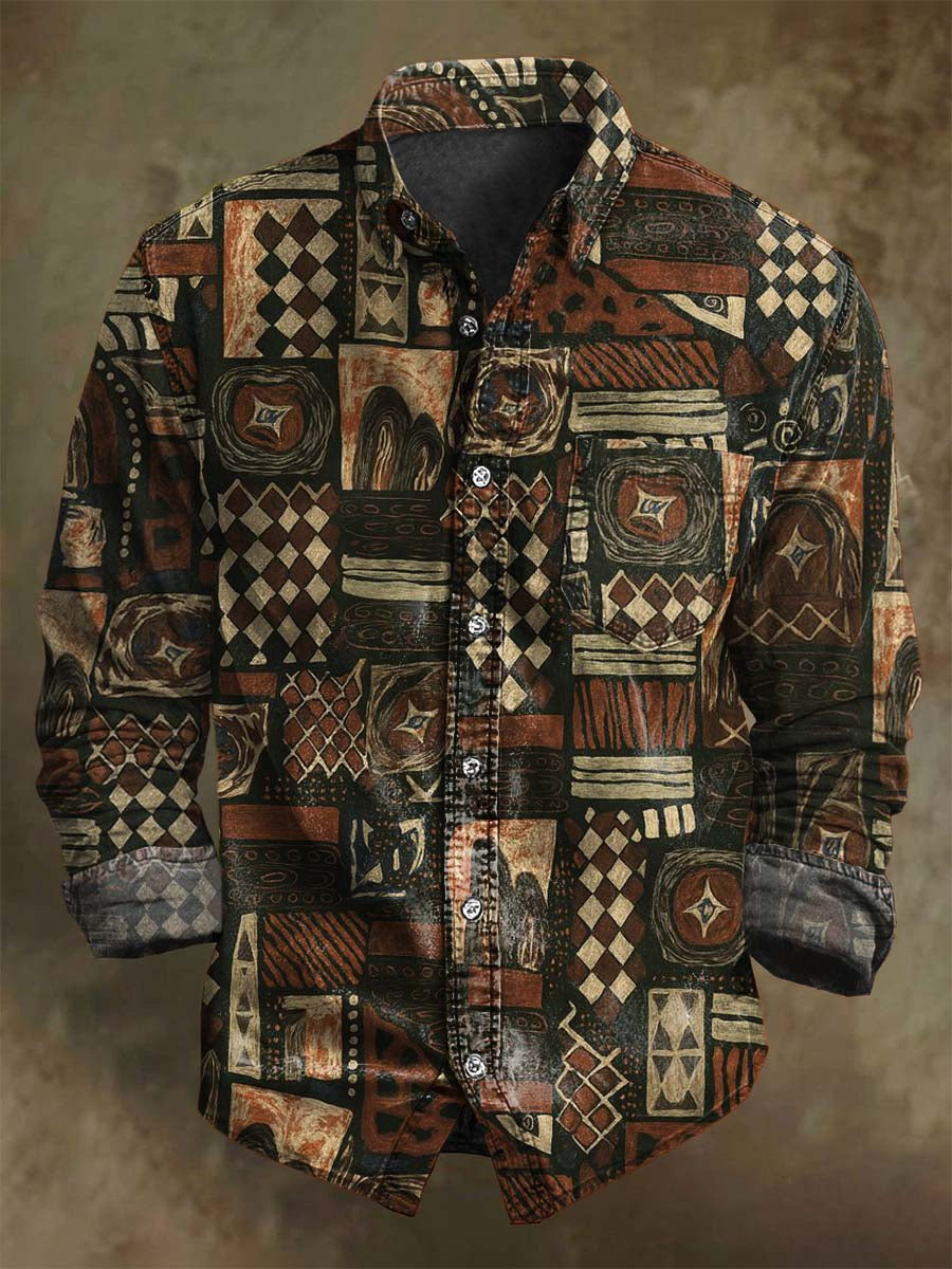 Camisa de manga larga casual con estampado geométrico retro abstracto