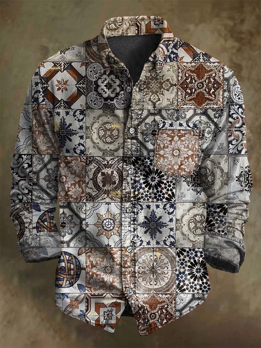 Camisa casual de manga larga con estampado floral vintage abstracto