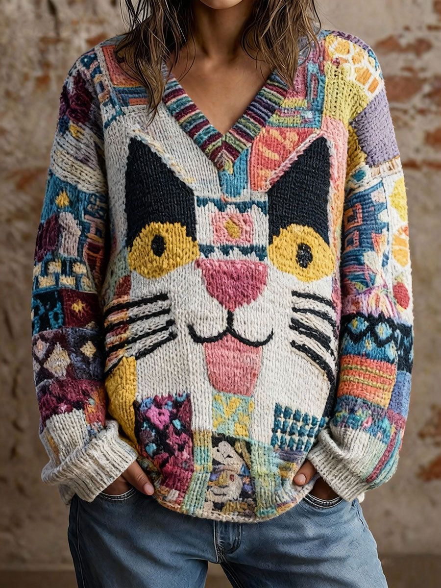 Tops con cuello en V Cat Art de mujer