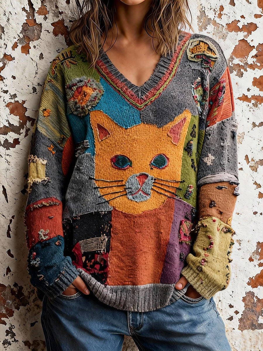Tops con cuello en V Cat Art de mujer