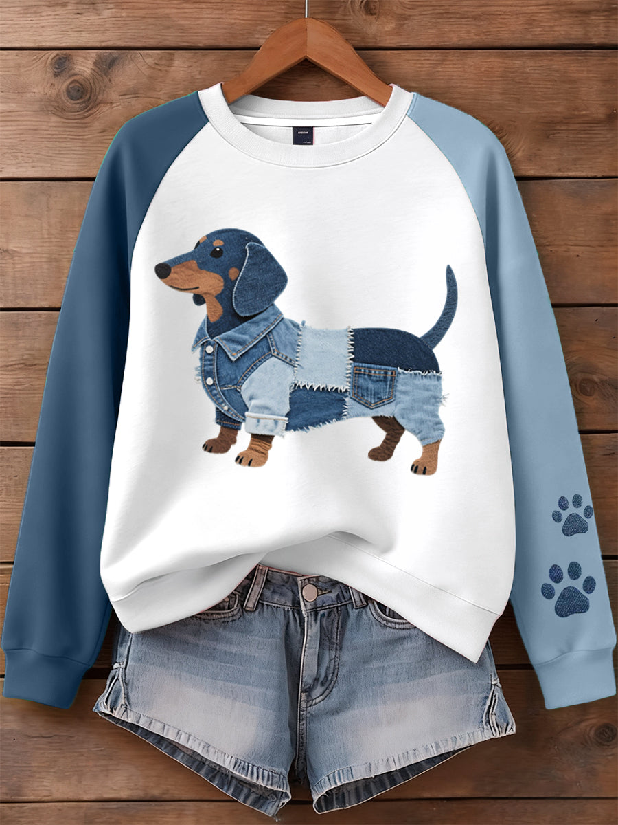 Mujer Denim Patchwork Art Dachshund Perro Patrón Sudadera