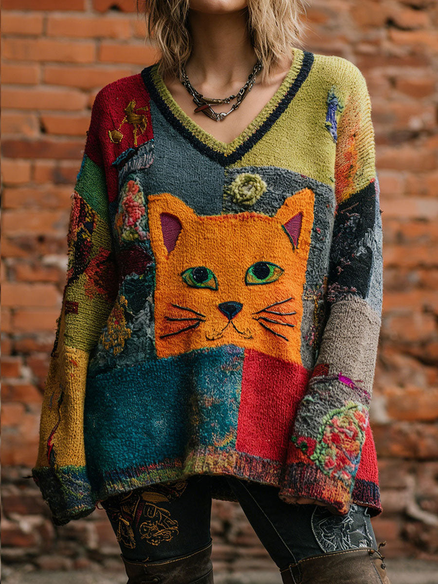 Tops con cuello en V retro Art Cat de mujer