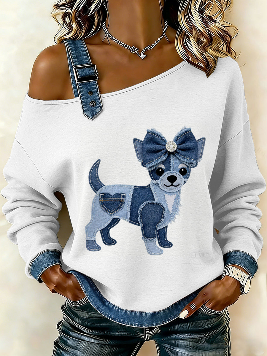 Sudadera casual con estampado de retazos de perro vintage para mujer