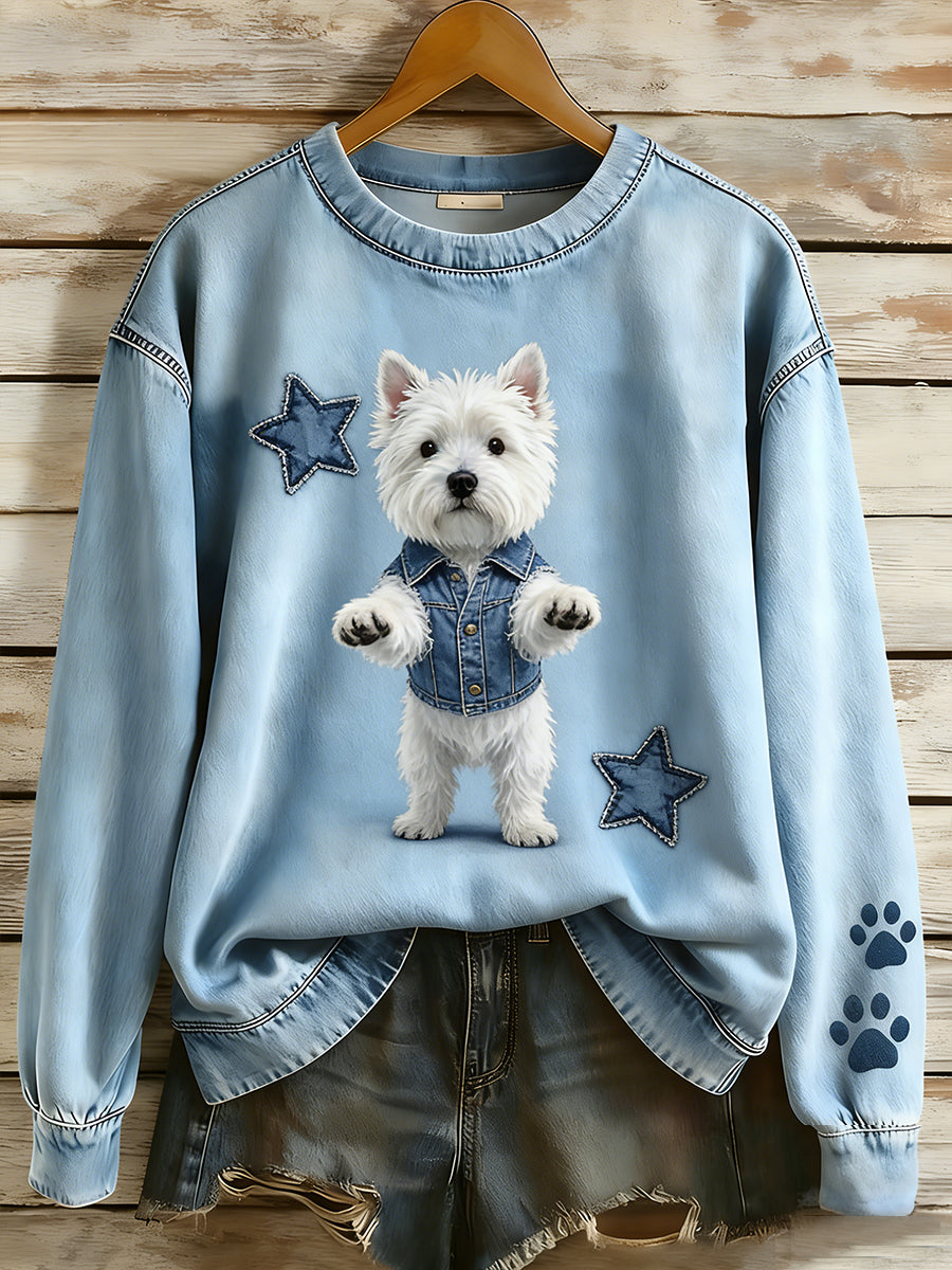 Retro Denim Patchwork Animal Art Print Casual Comfort Sudadera de manga larga para mujer