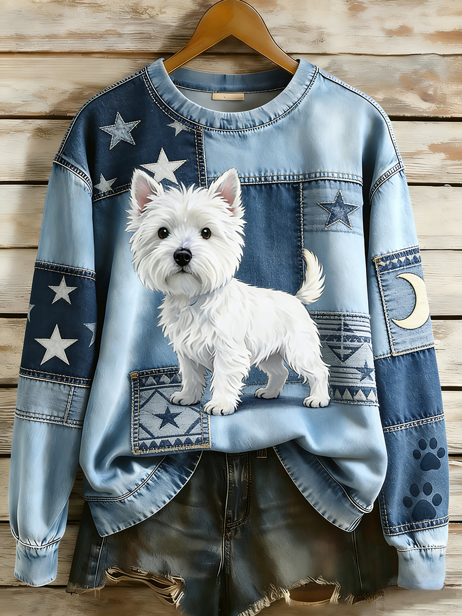 Retro Denim Patchwork Animal Art Print Casual Comfort Sudadera de manga larga para mujer