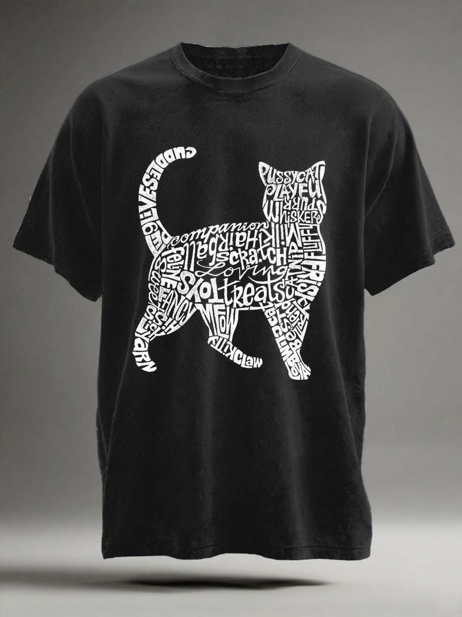 Camiseta de manga corta casual con estampado de gato de alfabeto abstracto