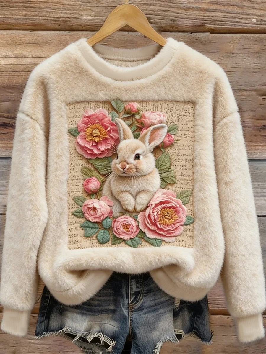 Mujeres lindo conejito arte redondo cuello acogedor franela sudadera