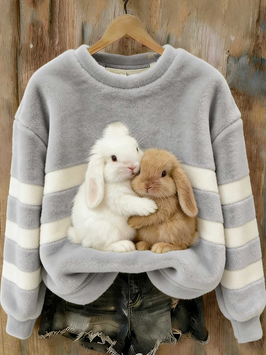 Mujeres lindo conejito arte redondo cuello acogedor franela sudadera