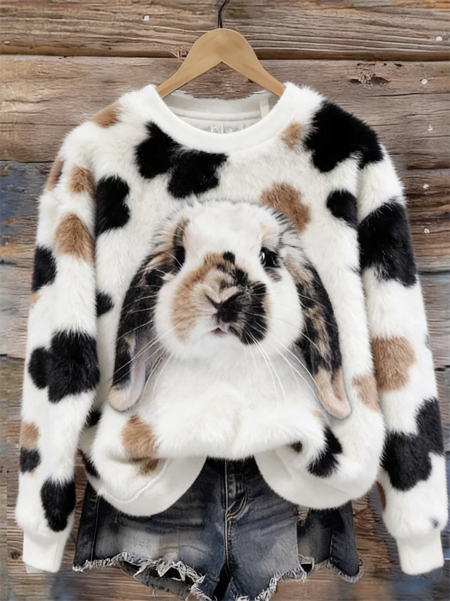 Mujeres lindo conejito arte redondo cuello acogedor franela sudadera