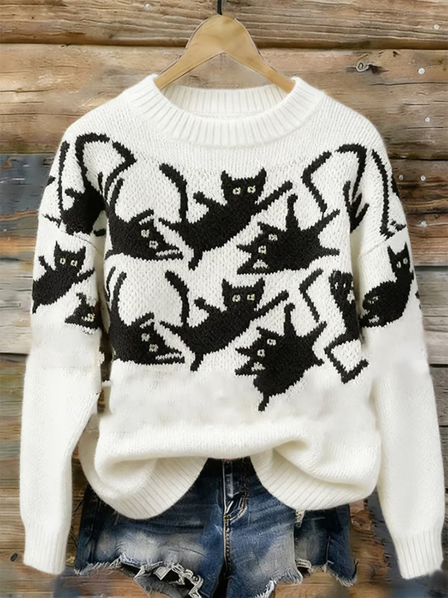 Patrón de gato impreso cuello redondo de las mujeres suéter