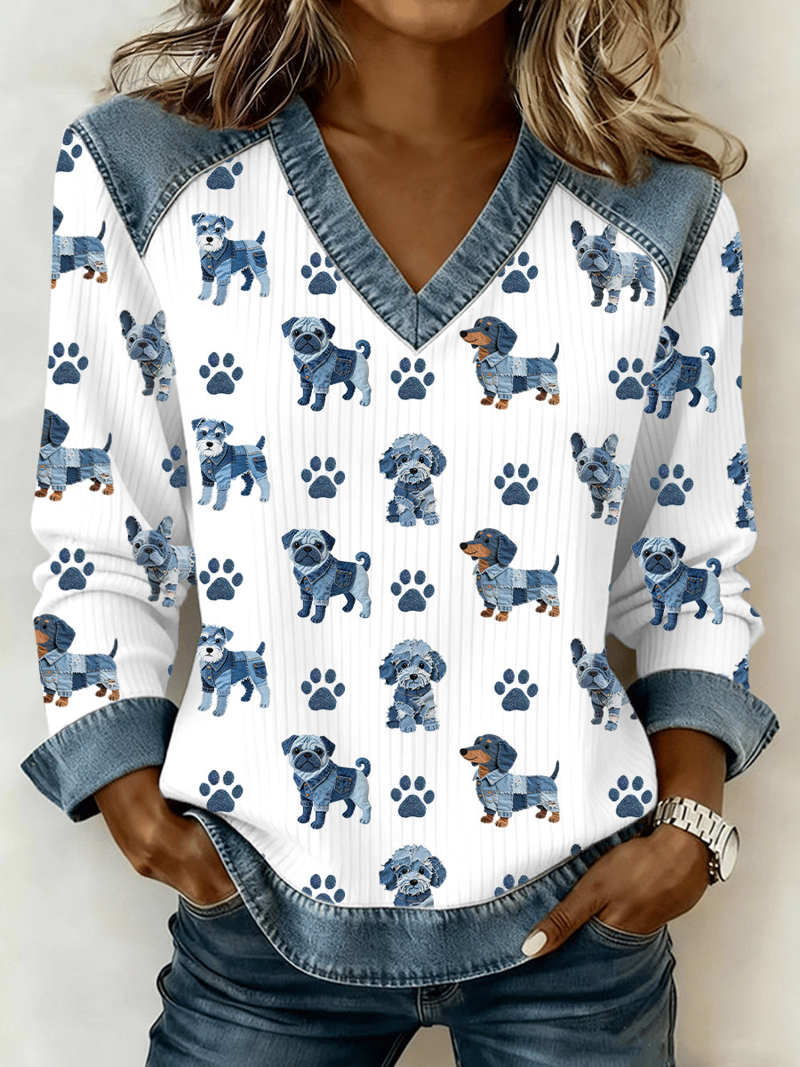 Mujer Lovely Dog Pattern Denim Patchwork V-Neck Top