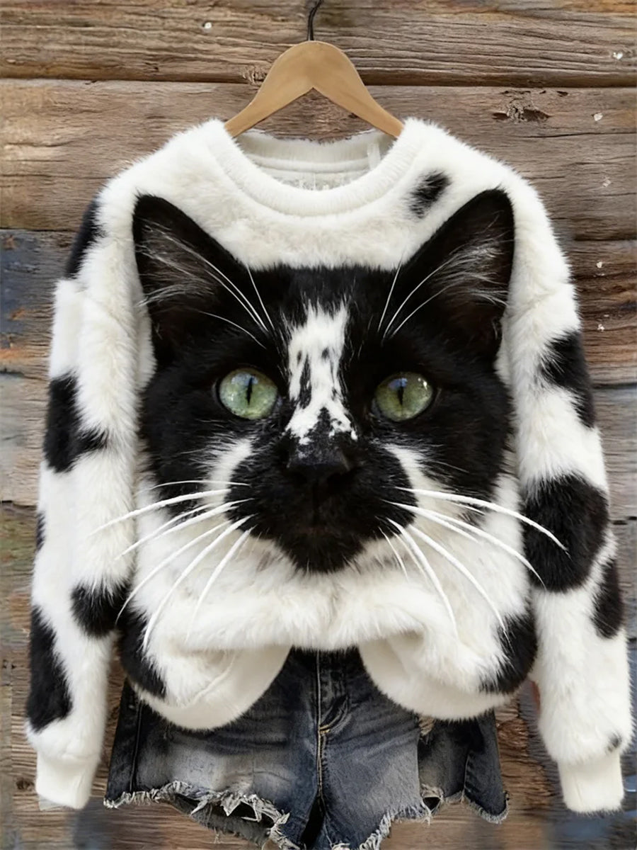 Cow Cat & Pattern Cozy Flannel Hoodie de mujer