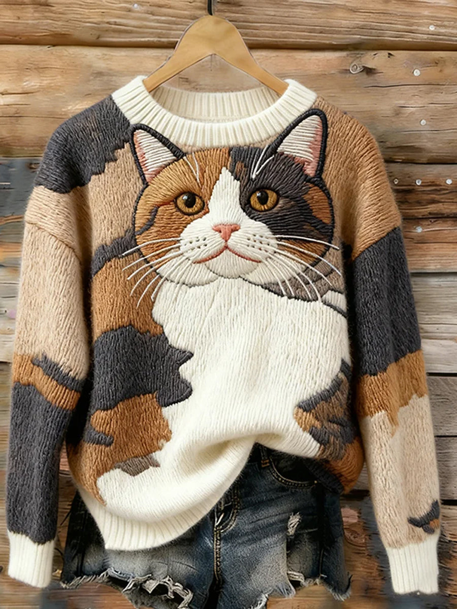 Suéter lindo del cuello del equipo del arte del gato de las mujeres