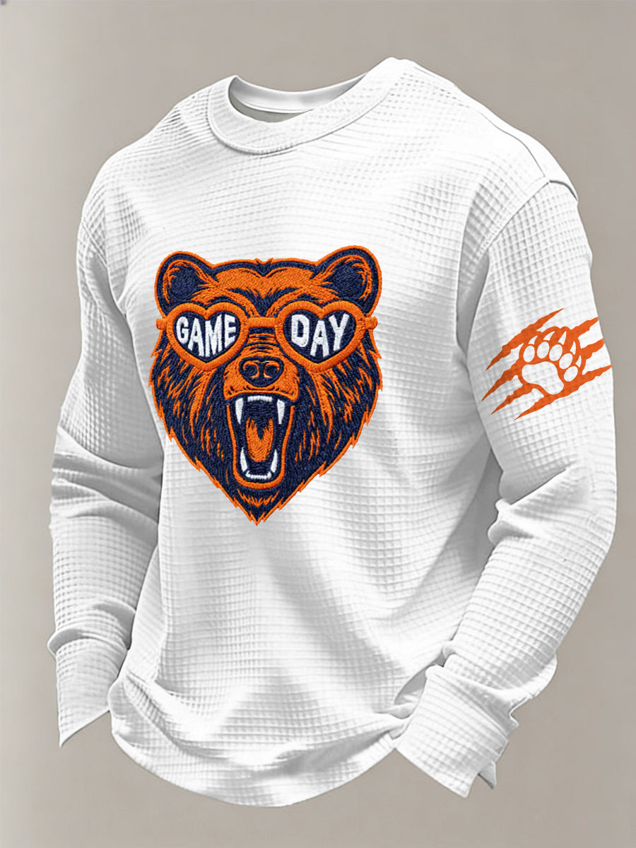 Hombres Oso Imprimir Fútbol Fans Gameday Casual Waffle Camiseta de manga larga