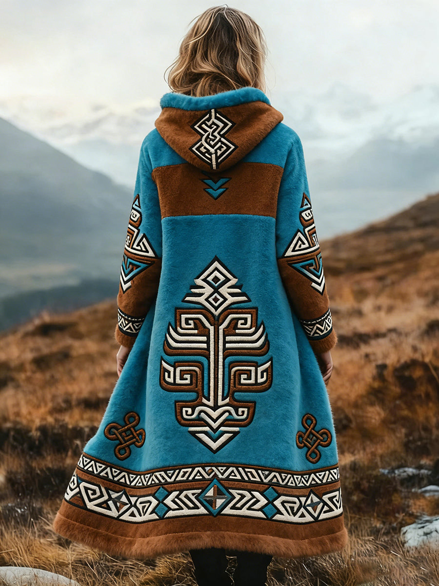Mujeres Vintage Azteca Patrón Cómodo Engrosado Abrigo Largo