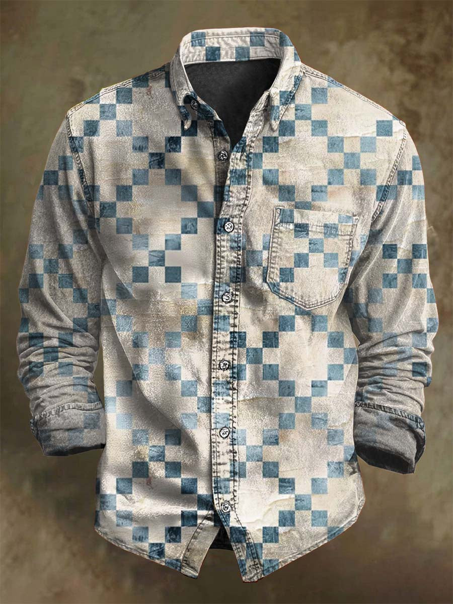 Camisa de manga larga informal de impresión a cuadros retro abstracto