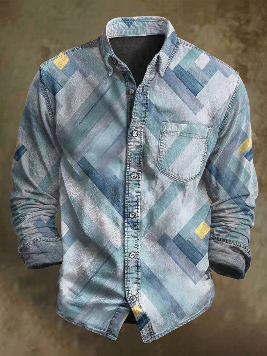 Camisa de manga larga casual de estampado geométrico azul-gris abstracto