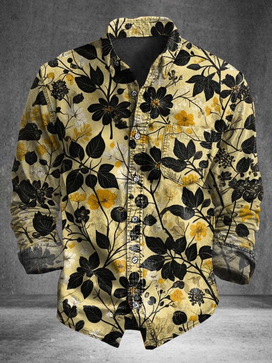 Camisa de manga larga casual con estampado floral negro