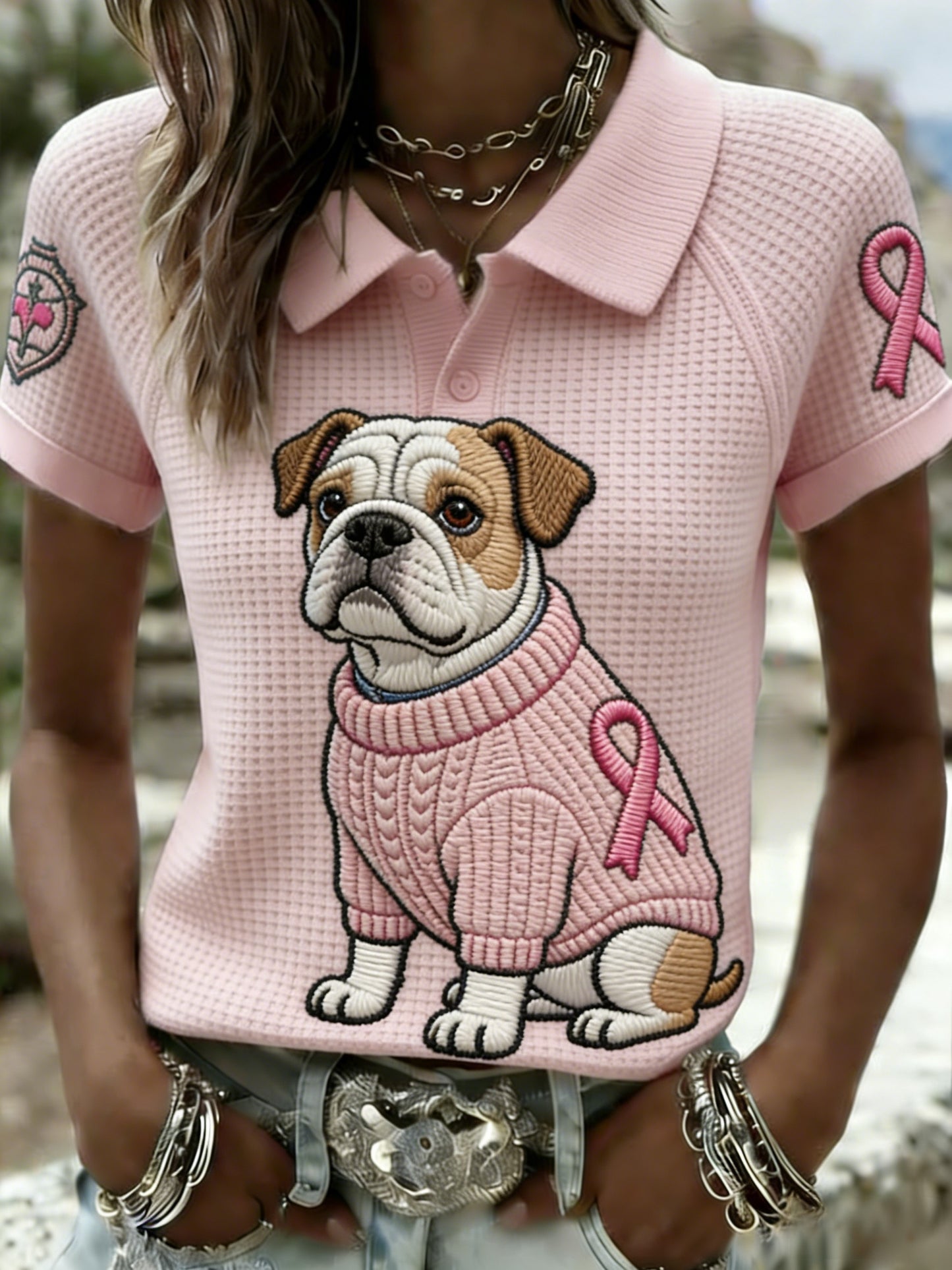 Camiseta de mujer Retro Bulldog Breast Cancer Awareness Casual Waffle