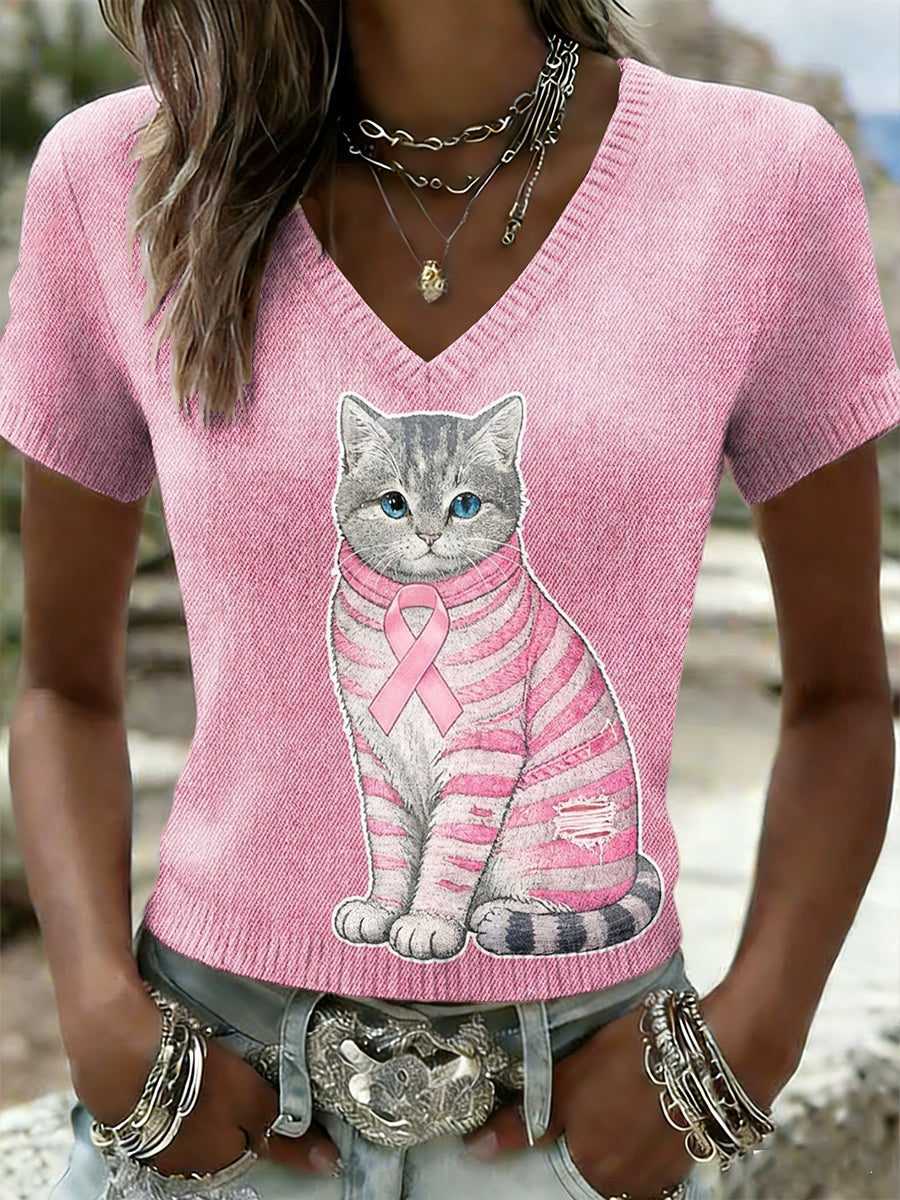 Camiseta de manga corta de punto casual de la conciencia del cáncer de mama del gato lindo retro de las mujeres